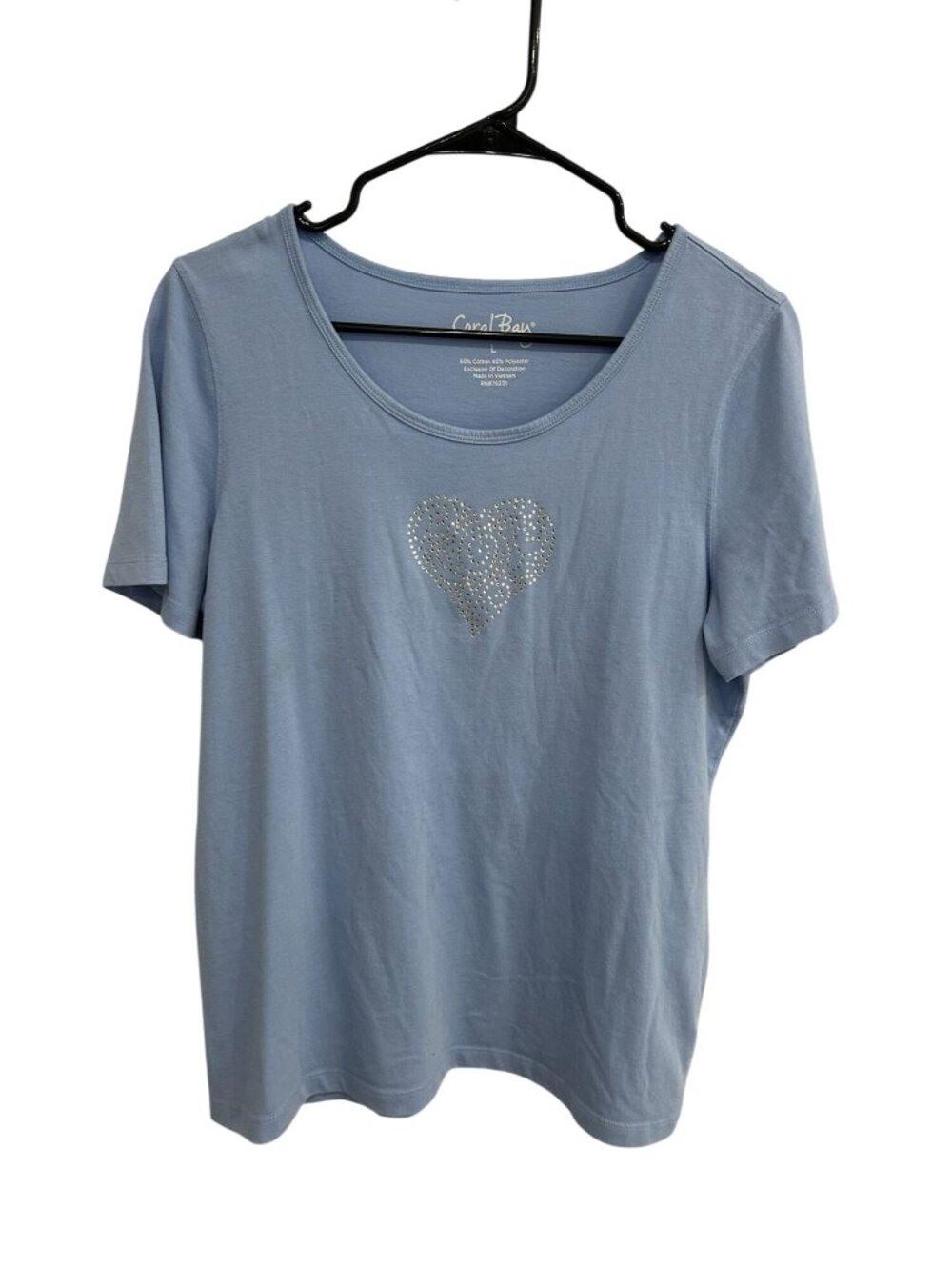 Coral Bay Large Light Blue T-Shirt Rhinestone Heart Scoop Neck Y2K Whimsical